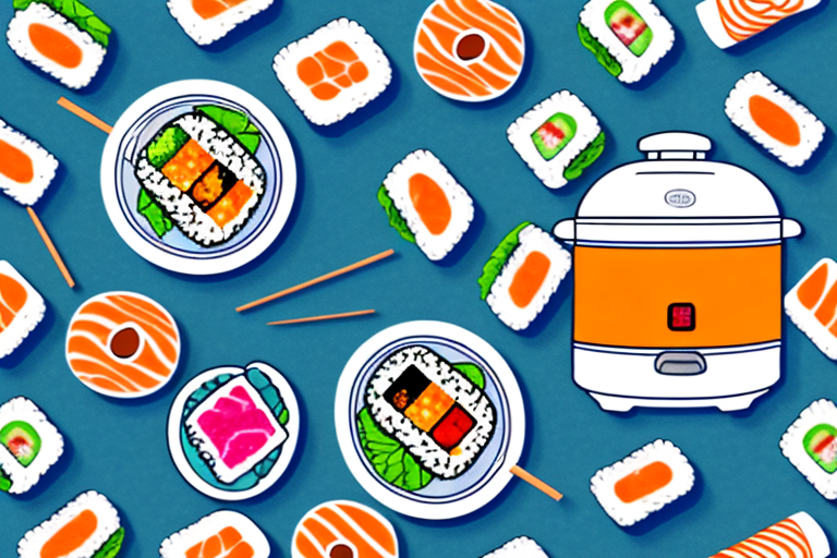 A rice cooker with a sushi roll in the foreground