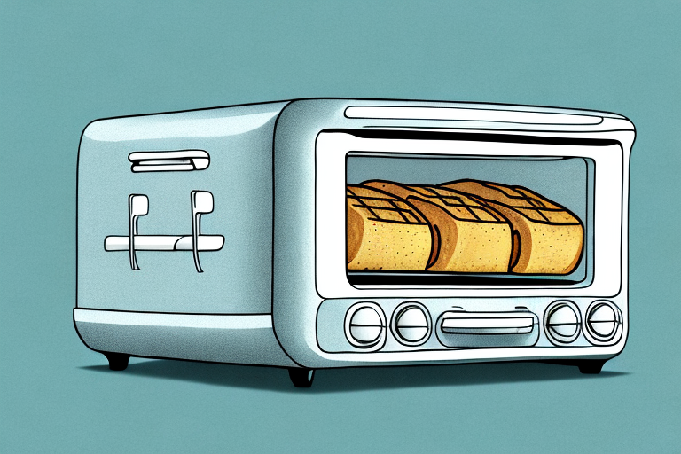 A toaster oven with a garlic bread inside