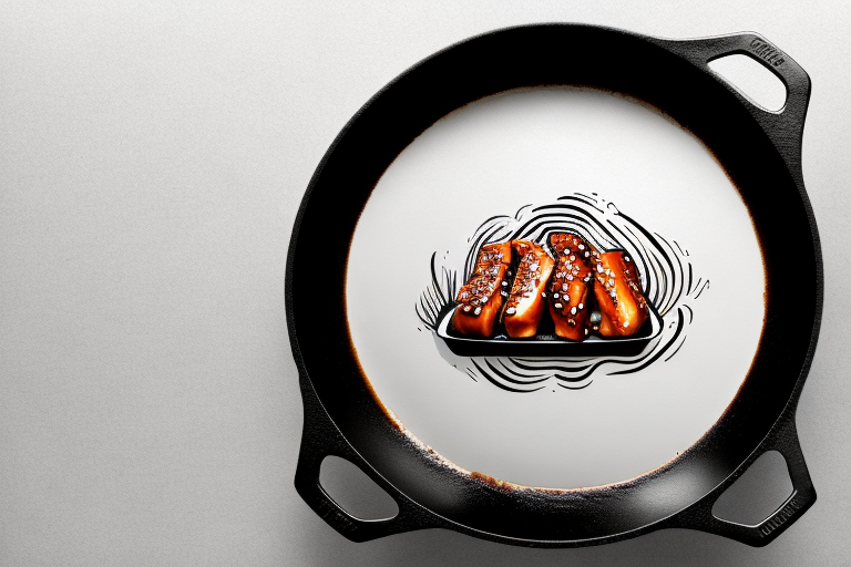A cast iron skillet with teriyaki chicken cooking in it