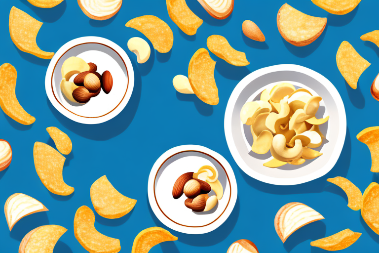 A bowl of mixed nuts and a bowl of potato chips side by side