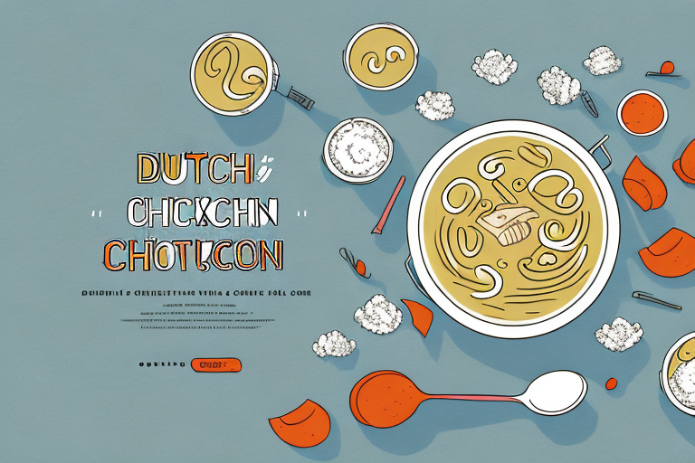A dutch oven with a steamy bowl of chicken noodle soup inside