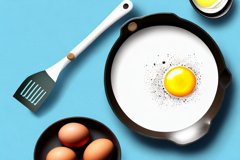 A non-stick skillet with a spatula and a bowl of eggs beside it