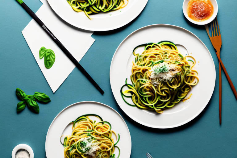 A plate of zucchini noodles and a plate of spaghetti side-by-side