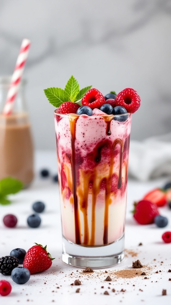 A glass of berry affogato topped with vanilla ice cream, fresh berries, and a drizzle of berry sauce.