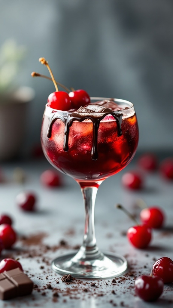 A delicious mocktail featuring chocolate syrup and cherry juice, garnished with cherries.