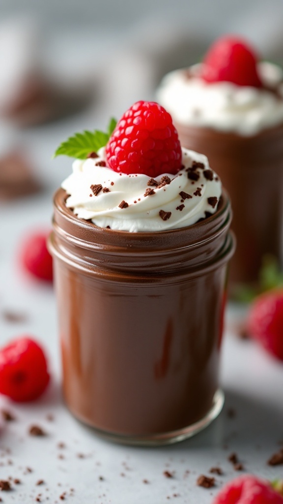 Delicious chocolate mousse served in mini jars with whipped cream and raspberries.