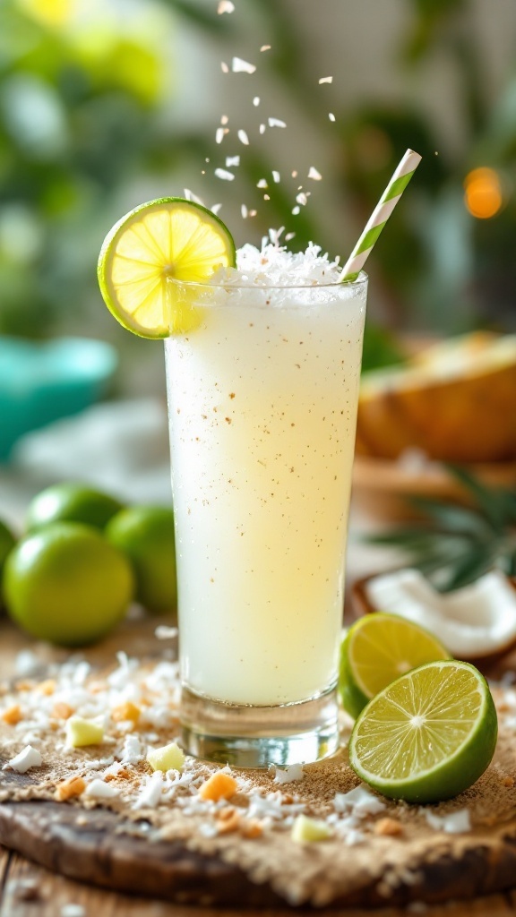 A refreshing Coconut Lime Sparkler mocktail garnished with lime and coconut.