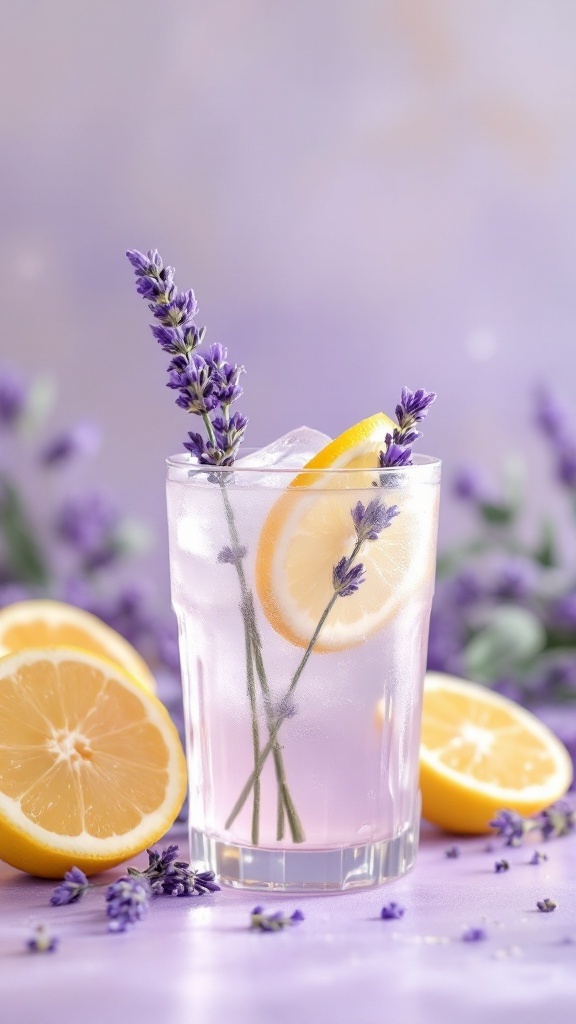 Glass of Lavender Lemonade with lemon slices and lavender sprigs