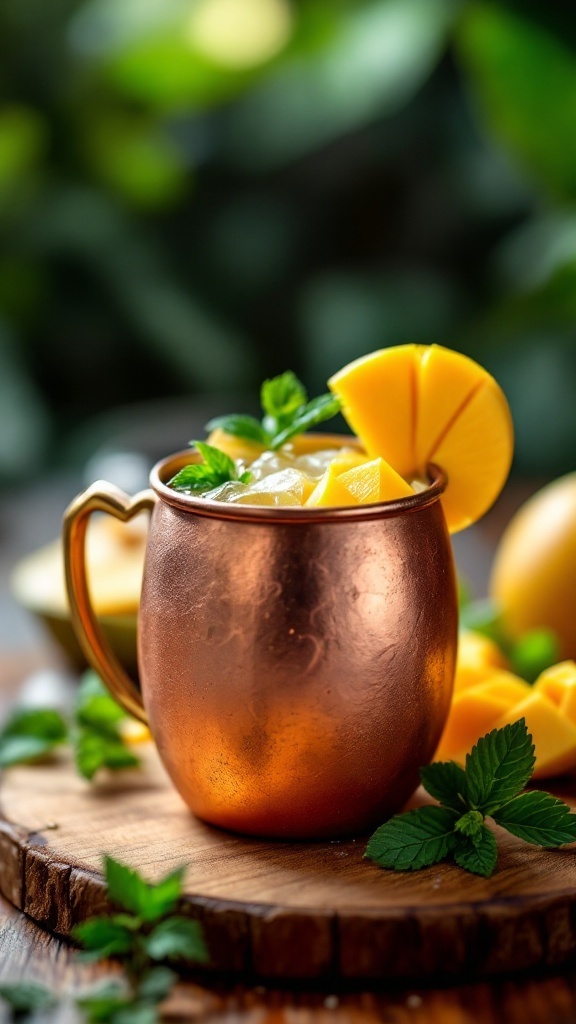 A refreshing Mango Mule Mocktail served in a copper mug, garnished with mint and mango slices.