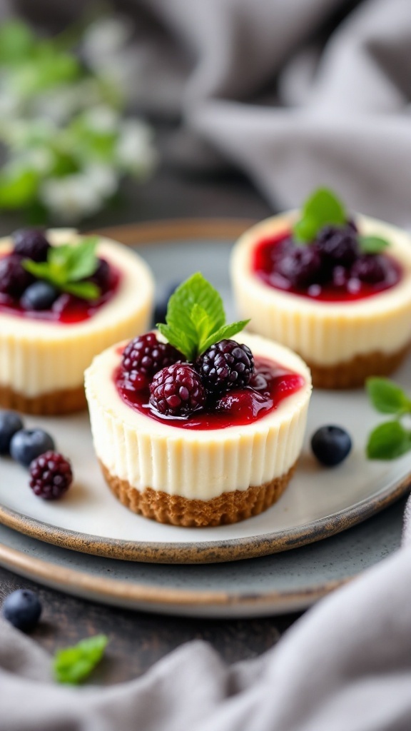 No-bake cheesecake cups topped with berries and mint leaves