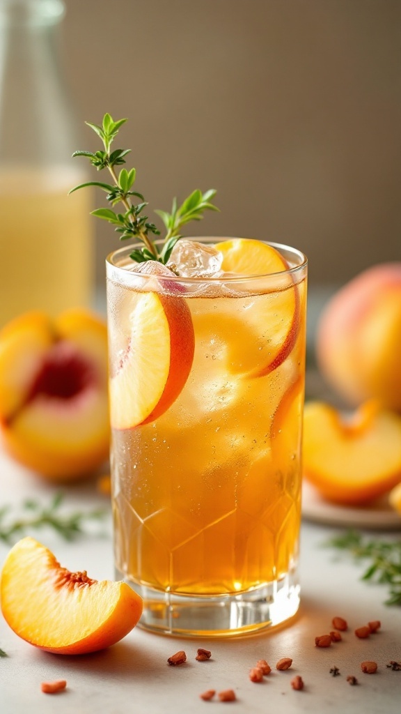 A refreshing peach iced tea spritzer in a glass with peach slices and herbs