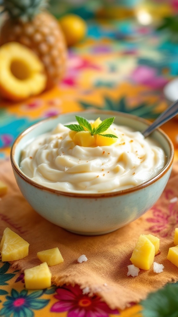 A bowl of creamy pineapple coconut pudding garnished with mint leaves and pineapple chunks.