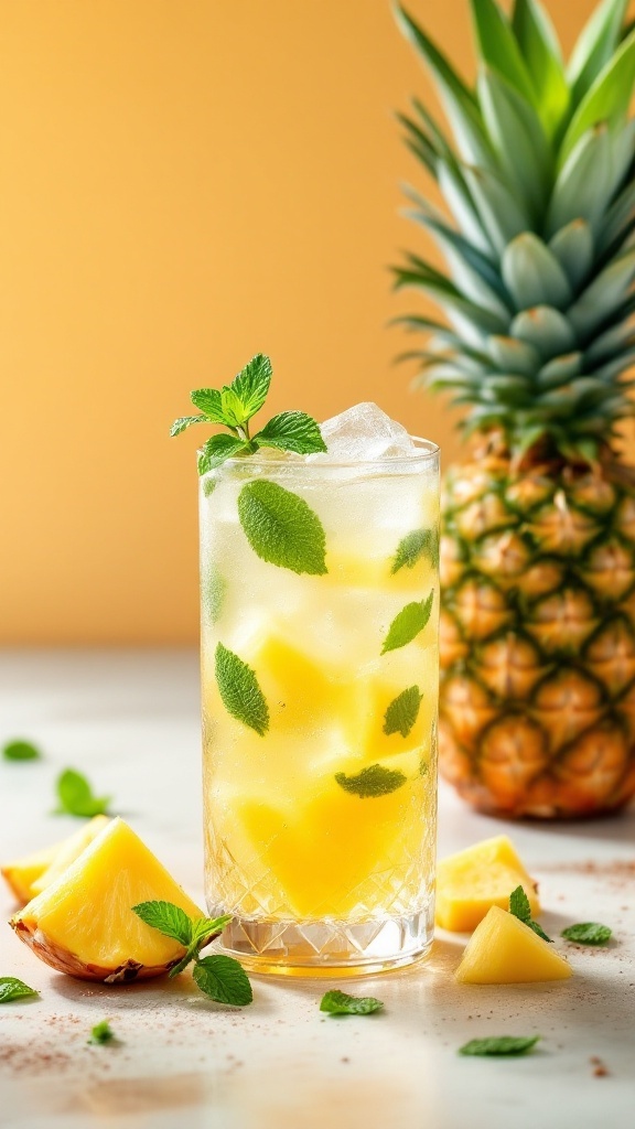 Glass of pineapple mint refresher mocktail garnished with mint leaves and pineapple chunks