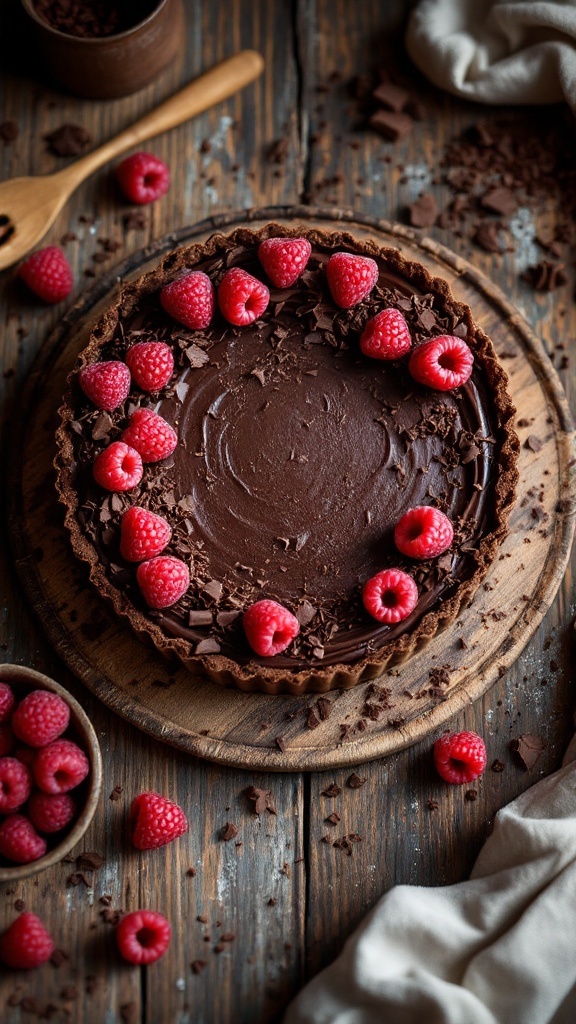 Raspberry Chocolate Tart with fresh raspberries and chocolate shavings on top