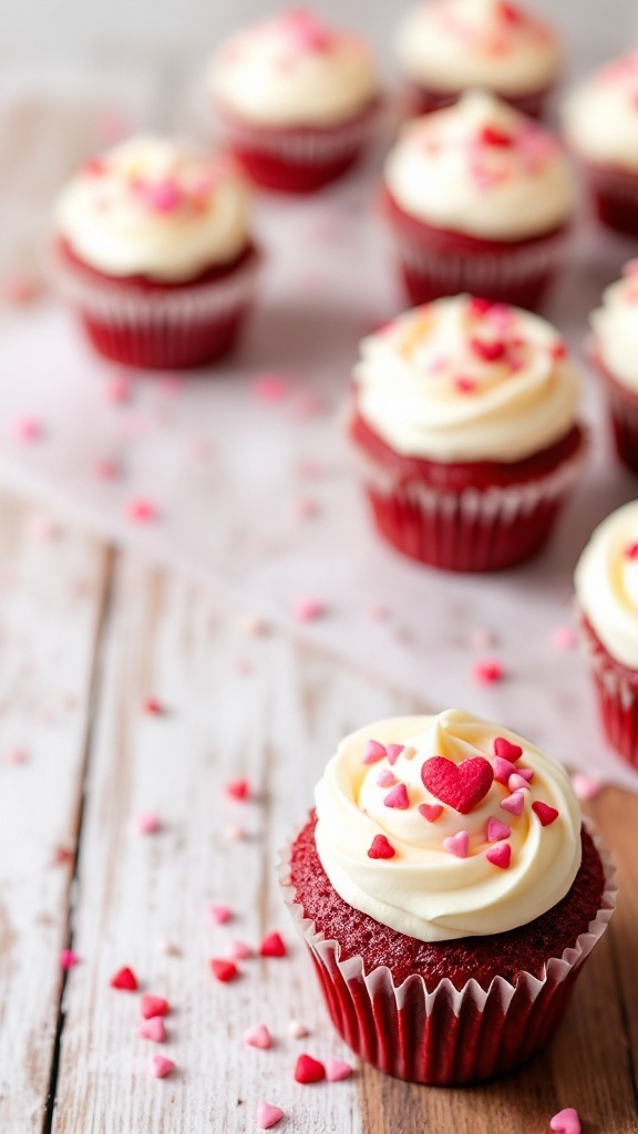 Delicious red velvet cupcakes topped with cream cheese frosting and heart-shaped sprinkles.