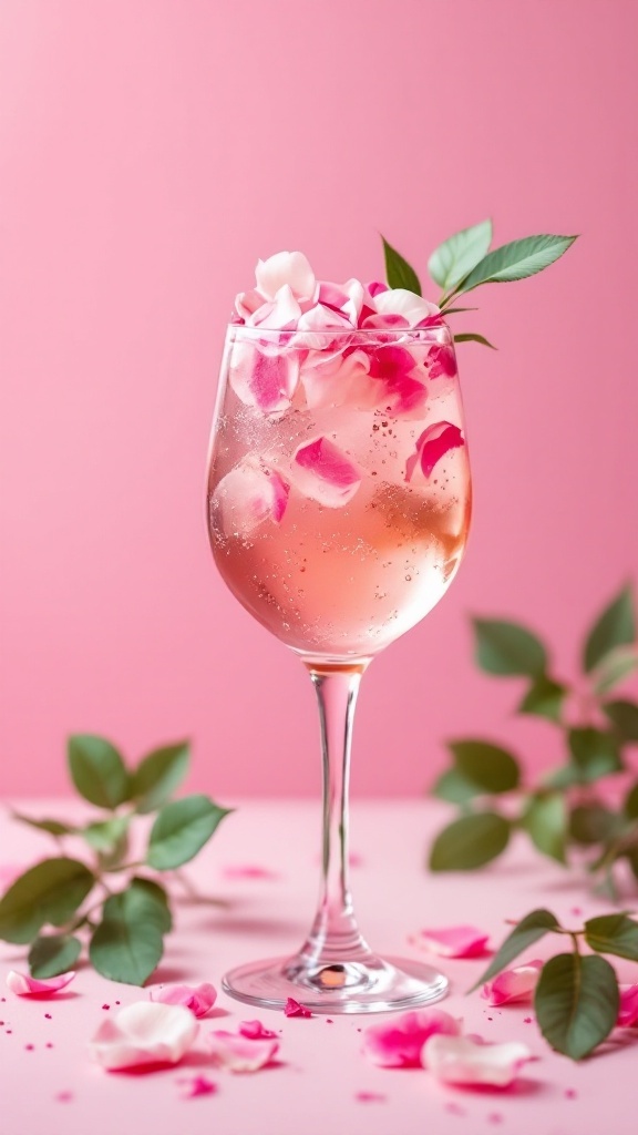 A romantic rose mocktail served in a tall glass, garnished with rose petals and mint leaves.