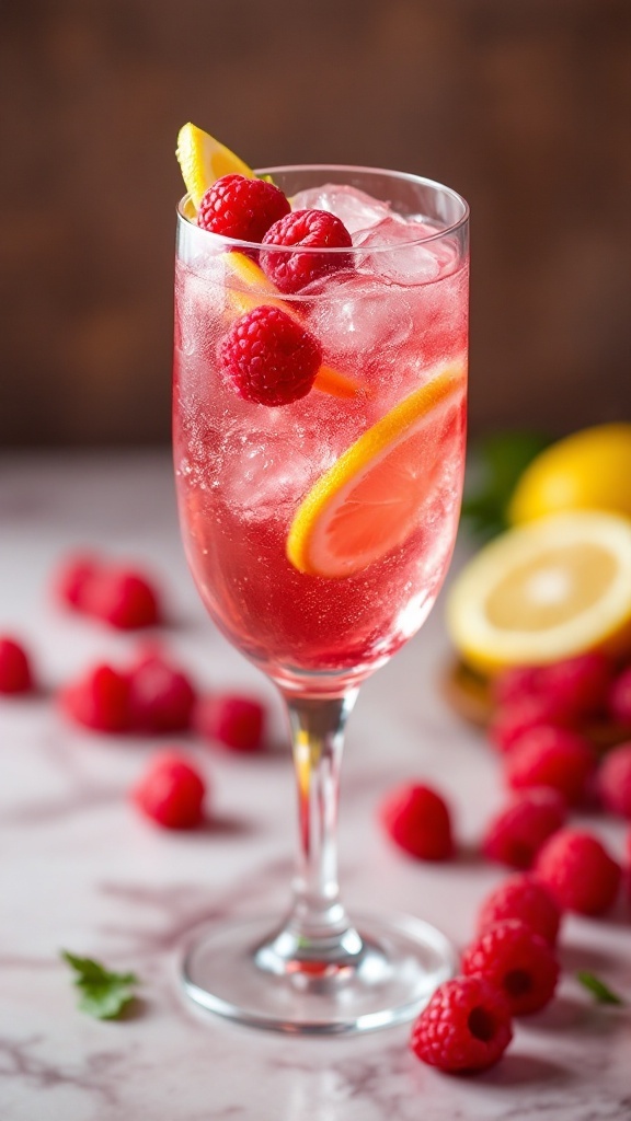 A refreshing glass of sparkling raspberry lemonade garnished with lemon slices and raspberries.