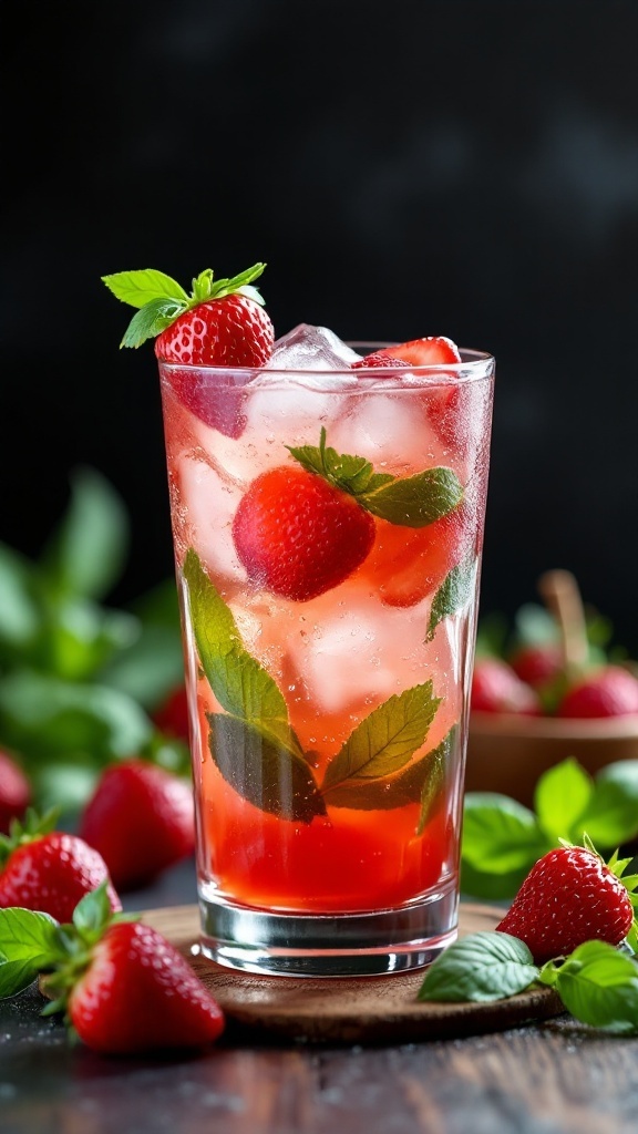 A refreshing drink featuring strawberries and basil in a glass.