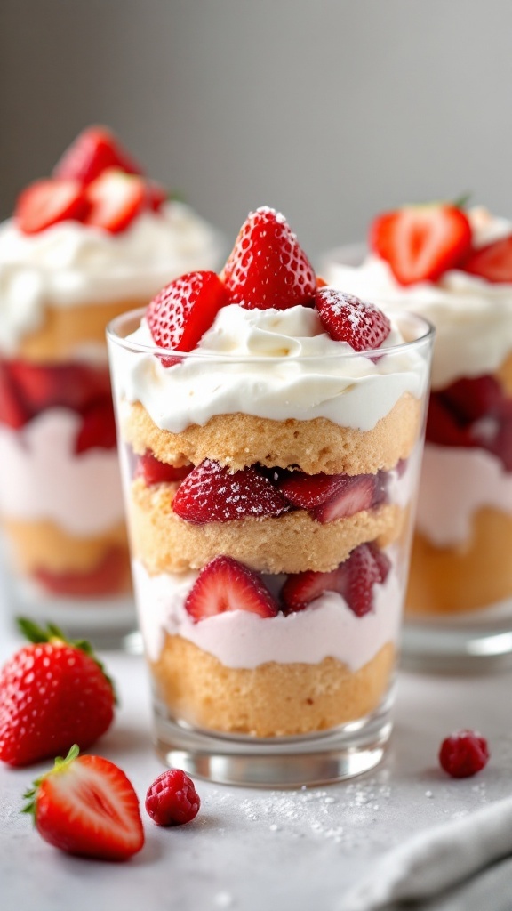 Delicious strawberry shortcake parfaits with layers of cake, strawberries, and whipped cream.