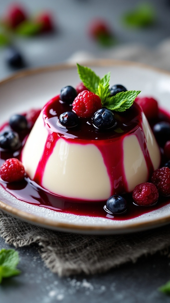 Delicious vanilla bean panna cotta topped with berry sauce and fresh berries